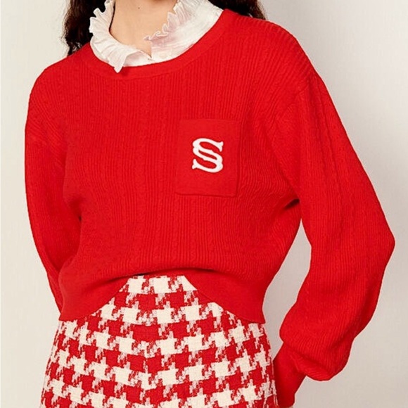Sandro Paris Dorian Cropped Red Sweater Embroidered Monogram S Pocket Cable Knit - Picture 11 of 16